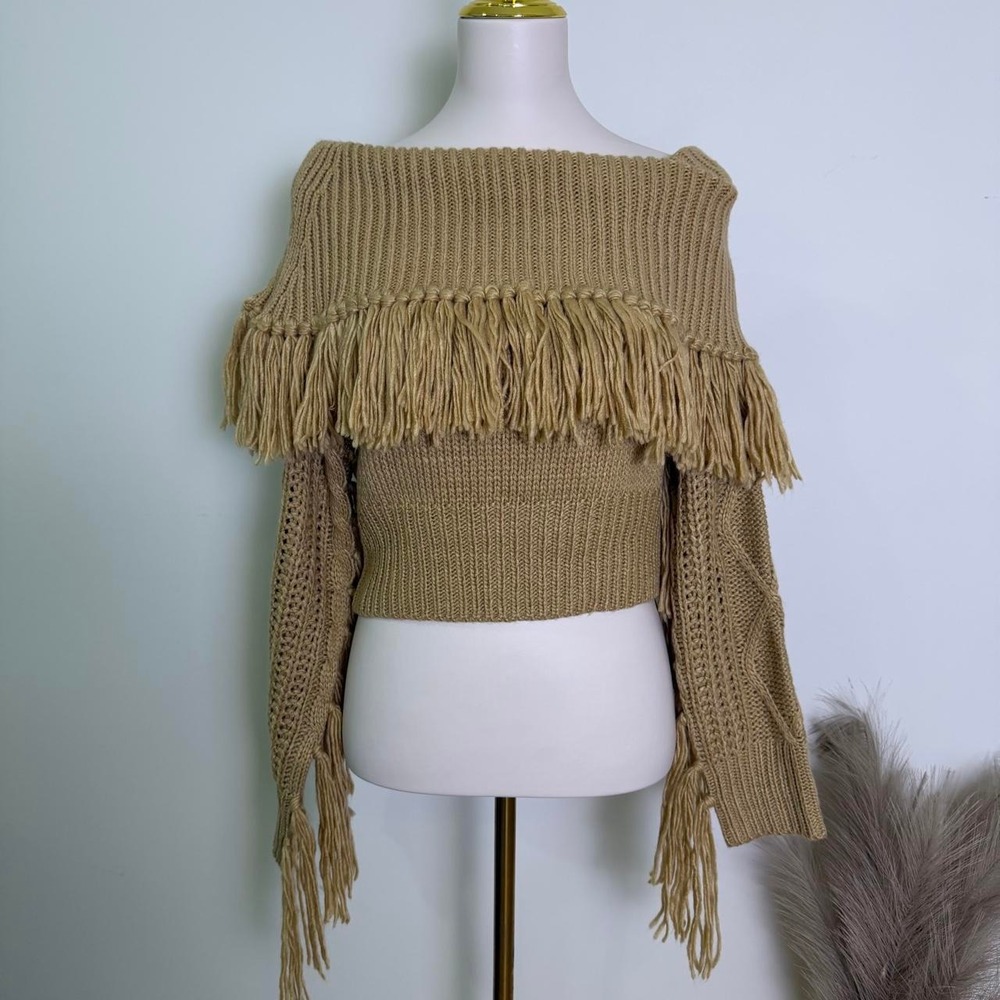 Hot & Delicious Large Tan Off-the-Shoulder Fringe Crop Knit Sweater